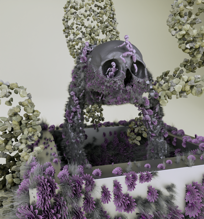 Realistic 3D image of a skull head with flowers blooming from inside and around it.